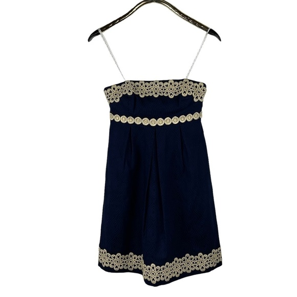 LILLY PULITZER BETSEY JACQUARD FLORAL LACE NAVY GOLD STRAPLESS MINI DRESS - Picture 2 of 16